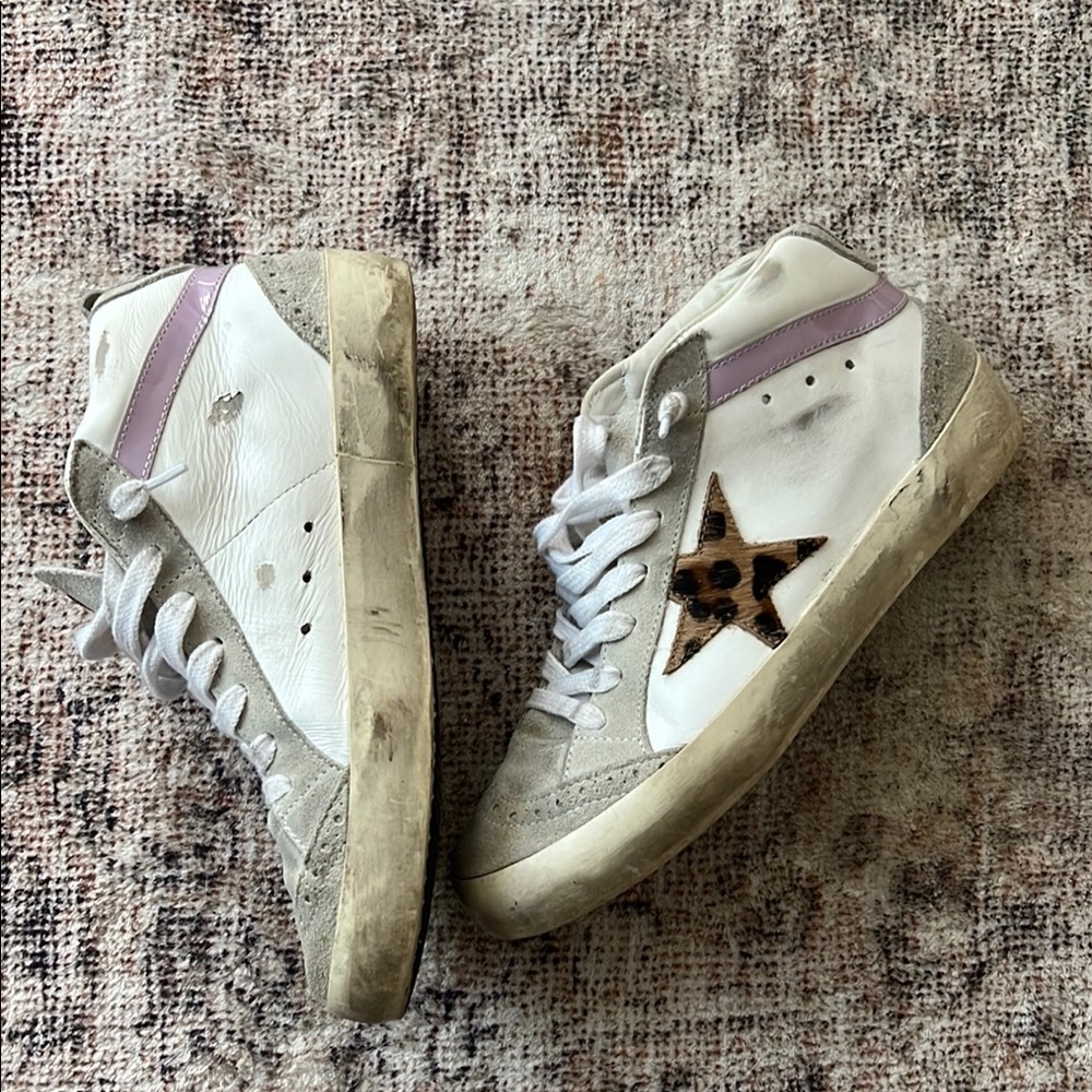 Golden Goose White and Gray High-Top Sneakers with Leopard Star
